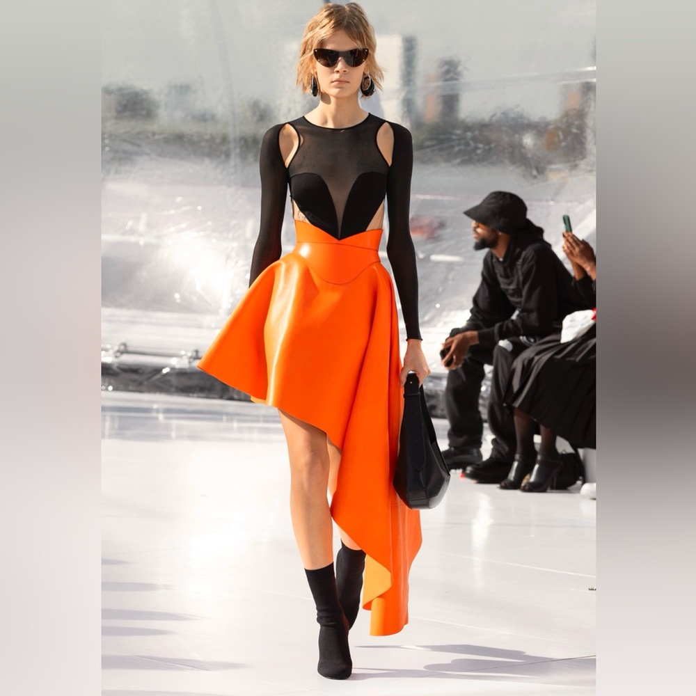 Alexander McQueen Asymmetric Drape Leather Skirt in Sunset Orange